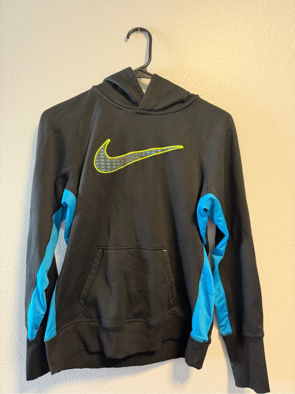 Nike Black Hoodie with Blue Sleeve Panels and Neon Swoosh